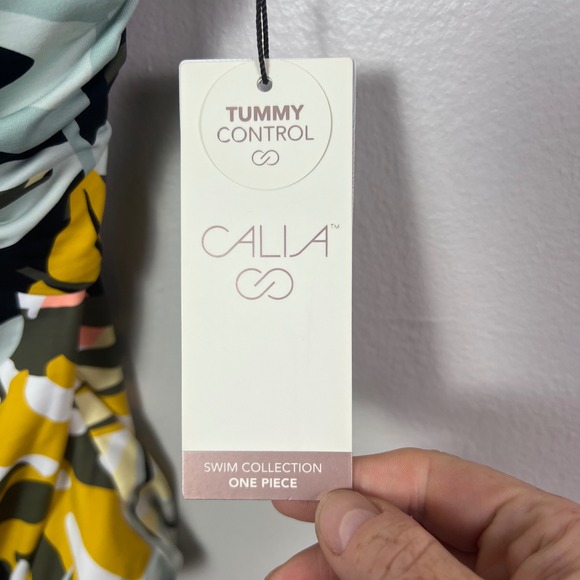 NWT Calia Shirred Cutout One Piece Swimsuit Tummy Control Multi Palm 16 - Picture 3 of 7